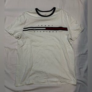 Tommy Hilfiger White Tee with Black and Red Stripes